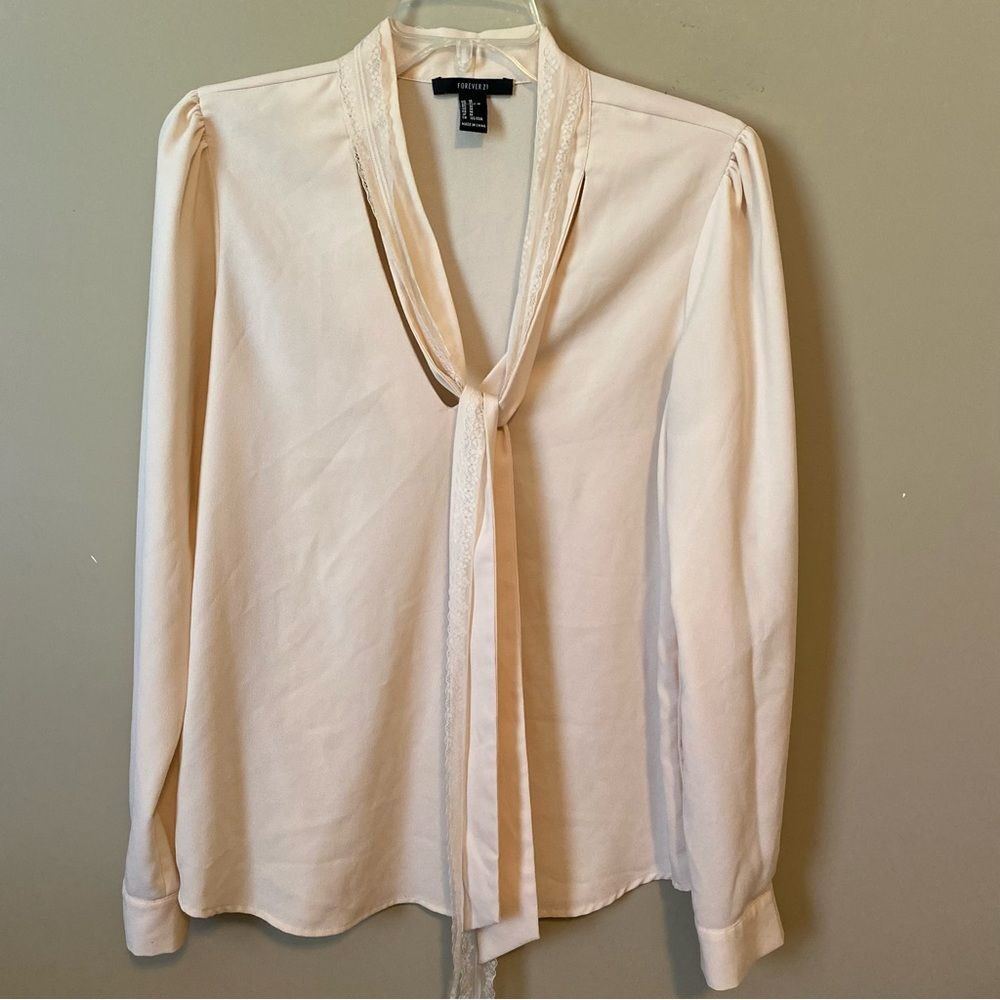 Forever 21 Cream Blouse with Tie Front and Mandarin Collar